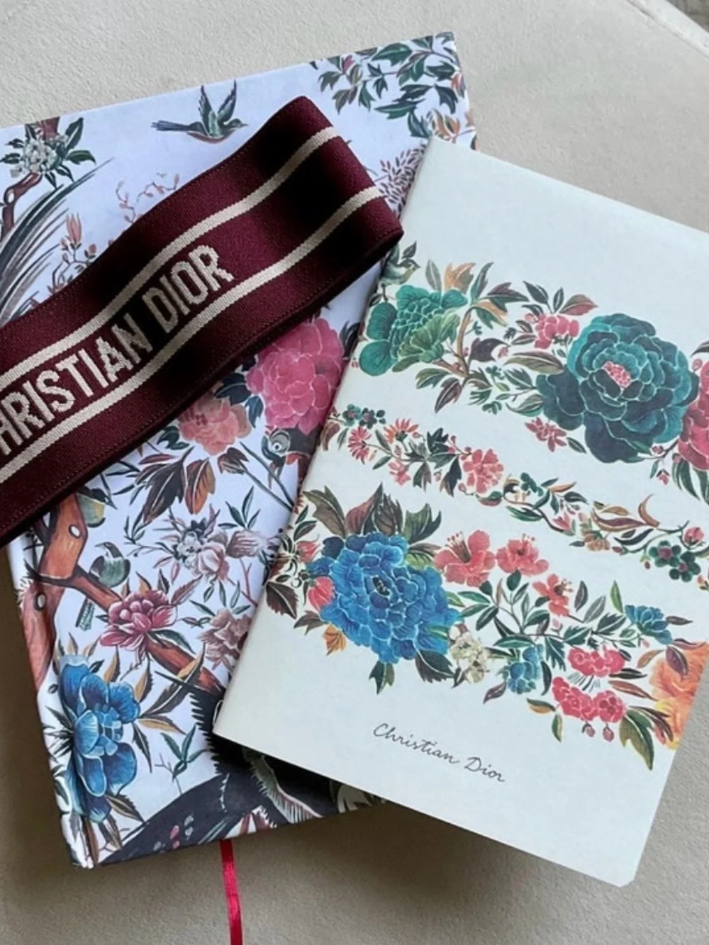 Dior Floral Card Holder with Burgundy Logo Band and Multicolor Bouquet